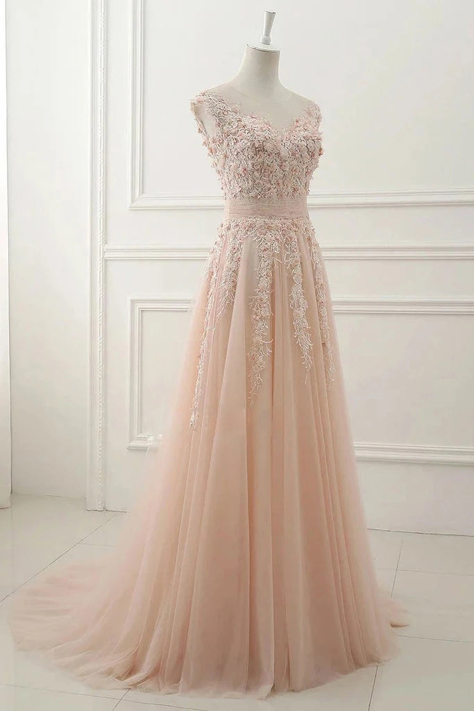 A Line Sheer Neck Cap Sleeves Lace Appliqued Tulle Prom Dresses N2655