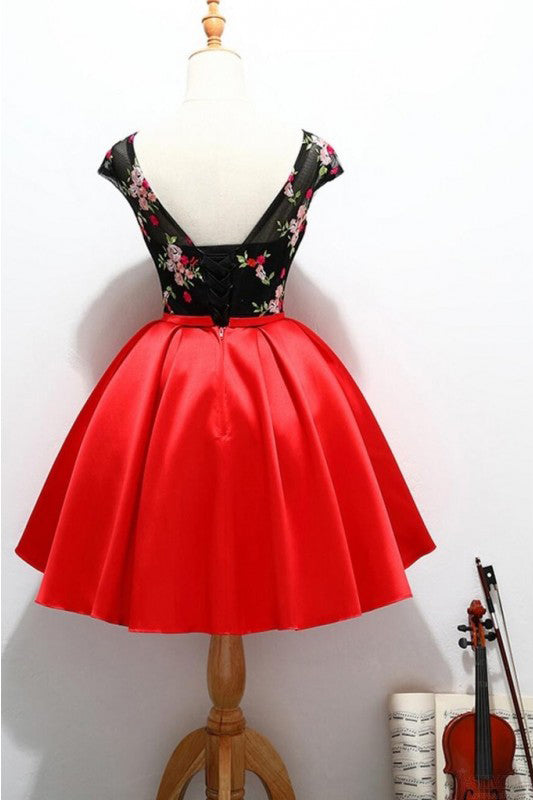 A Line Black and Red Satin Homecoming Party Dresses with Appliques
