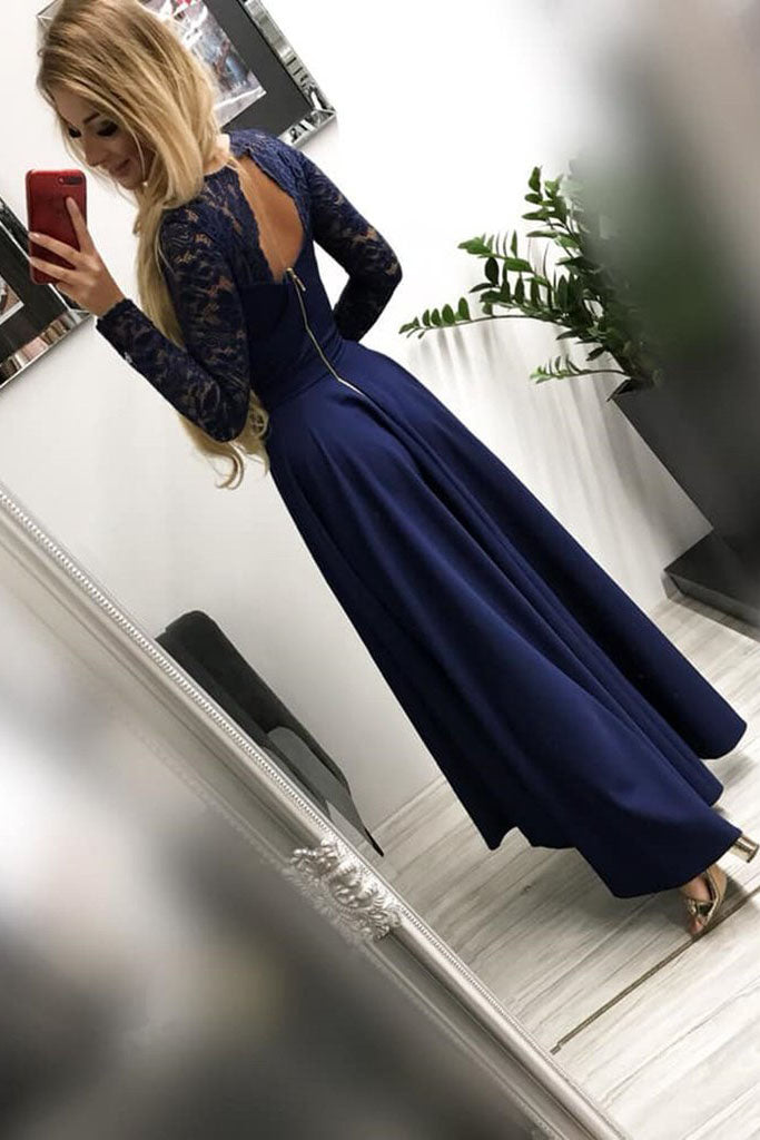 High Low Long Sleeves V-Neck Prom Dresses Dark Blue A Line Graduation Dresses with Lace N1690