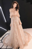 champagne Charming Straps Flowy Tulle Lace Prom Dress with Train, A Line Evening Dress with Ruffles N2104