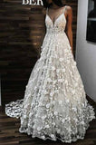 Charming V Neck Spaghetti Straps Lace Backless Long Wedding Dresses N767