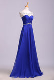 Royal Blue Floor Length Chiffon Prom Dresses with Rhinestone Belt Evening Dresses with Pleats N1203