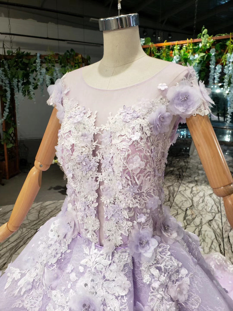 Lilac Ball Gown Short Sleeve Prom Dresses with Flowers Gorgeous Quinceanera Dresses N2626