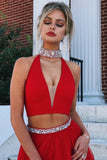 2 Pieces Red V-Neck Tulle Floor Length Prom Dresses with Crystals