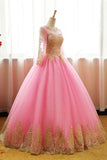 Ball Gown Pink Tulle Prom Dress with Gold Appliques Long Sleeves Quinceanera Dress N1191