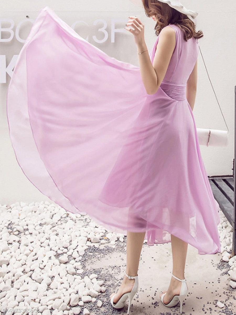 Peach Summer V-Neck Plain Chiffon Maxi Dresses  Flowy Long Bridesmaid Dresses N1564