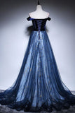 Dark Blue Velvet Tulle Long Prom Dresses Elegant Off the Shoulder Evening Dresses with Sleeve N2608