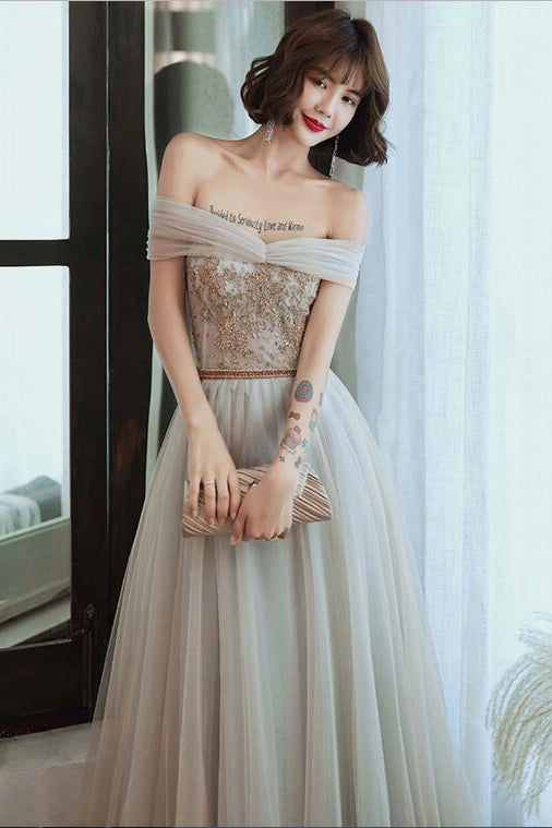 Light Gray Tulle Lace Long Prom Dresses Floor Length Off the Shoulder Formal Dresses N2579