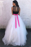 A Line See Through Neck Tulle Prom Dresses with Beading Waist N1138