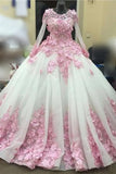Ball Gown New Style Long Sleeve Tulle Prom Dress with Pink Flowers, Ivory Wedding Dress N1311