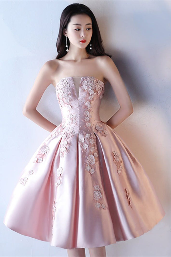 Pink A Line Strapless Applique Knee Length Homecoming Dress, Short Prom  Dresses N1950 – Simibridaldresses