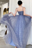 Unique Sparkle Straps Tulle Prom Dresses A Line Sleeveless Evening Dresses N2101
