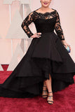 Black Plus Size Prom Dress, High Low Long Sleeve Evening Dress with Lace