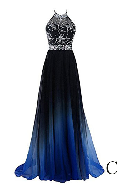A Line Halter Gradient Chiffon Long Beading Prom Dresses N662
