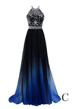 A Line Halter Gradient Chiffon Long Beading Prom Dresses N662