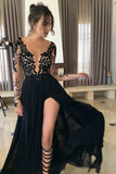 Sexy See Through Long Sleeves Side Slit Prom Dress with Lace, Charming Long Evening Dress N829