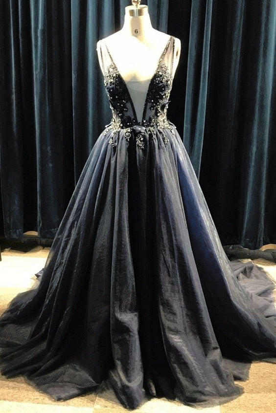 Black Tulle Deep V-Neck Long Beaded Prom Dresses with Appliques Puffy Formal Dresses N1740