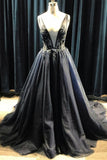 Black Tulle Deep V Neck Long Beaded Prom Dress with Appliques, Puffy Formal Dress N1740