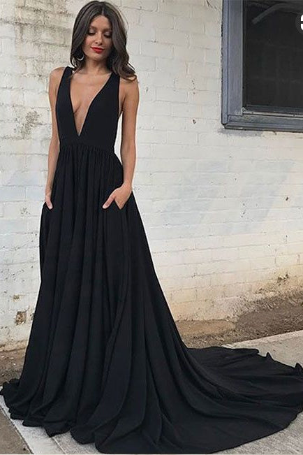 Sexy Deep V Neck Black Evening Dress, Simple Ruched Prom Dresses with Train N1424