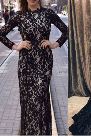 Black Mermaid Jewel Long Sleeve Lace Open Back Evening Dresses Long Prom Gown N614