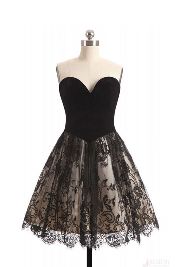 A Line Sweetheart Lace Homecoming Dress, Black Short Strapless Prom Dresses