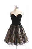 A Line Sweetheart Lace Homecoming Dress, Black Short Strapless Prom Dresses