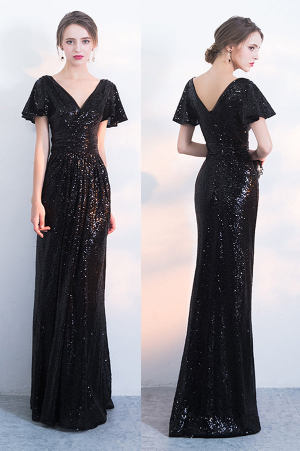Black Sparkly Sequined Evening Dresses with Short Sleeves, Long Prom Dress with Pleats N1418
