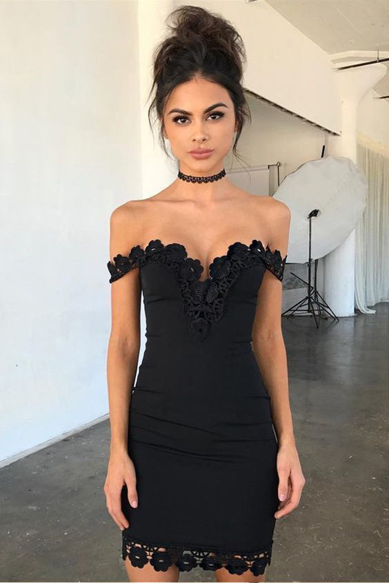 Black Off the Shoulder Sheath Short Lace Homecoming Dresses