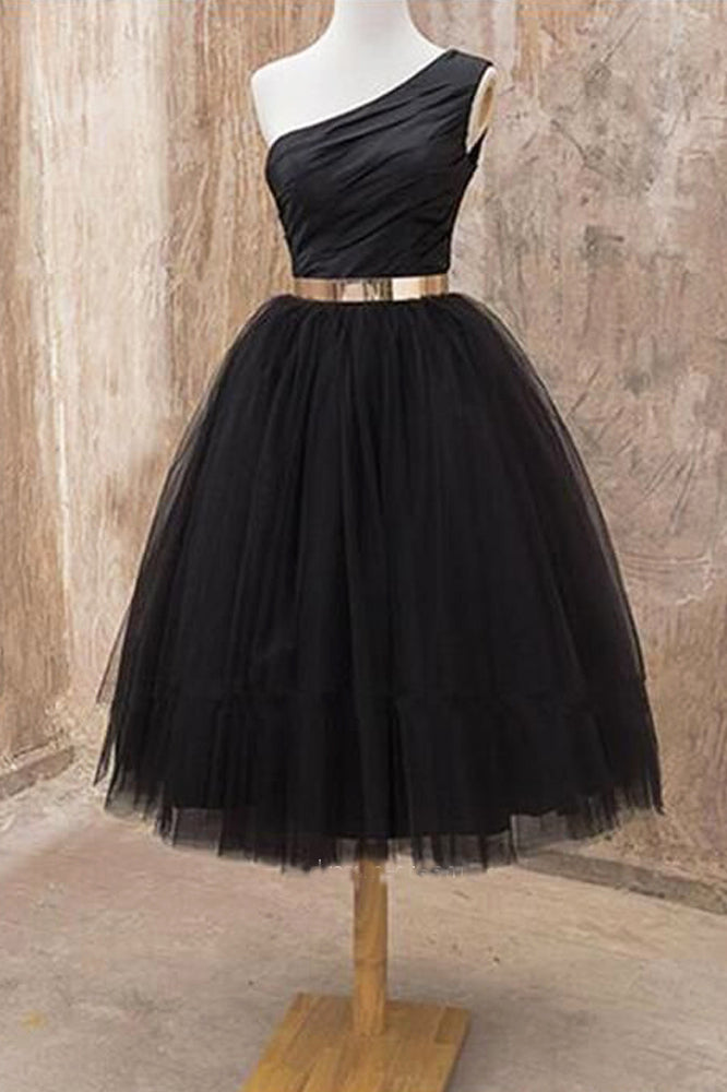 A Line One Shoulder Black Tulle Short Homecoming Dresses with Belt, Short Prom Dresses