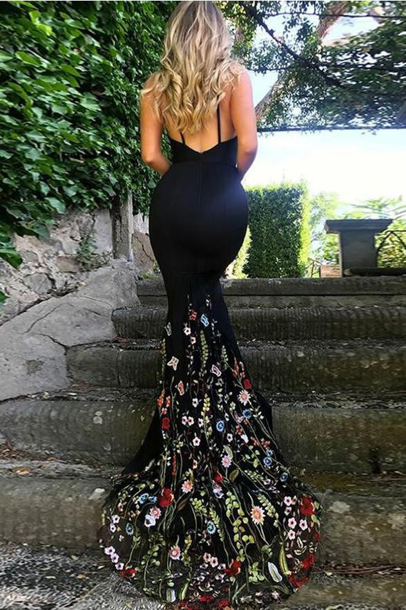 Black Mermaid Prom Dress, Spaghetti Strap Sleeveless Evening Dress with Lace Flowers N1370