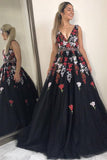 Black V-Neck Long Prom Dresses A Line Tulle Sleeveless Appliqued Evening Dresses N1477