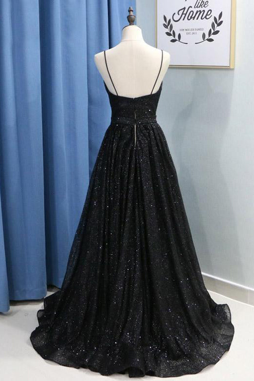 Glitter Spaghetti Straps Sequined Long Black Prom Dresses With Split
