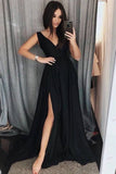 Custom Made Black Prom Dress, A Line Simple V Neck Formal Dress with Side Slit N1604