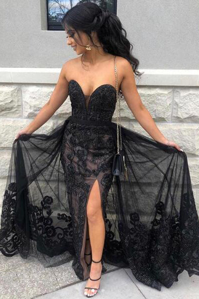 Black Sweetheart Tulle Prom Dress with Lace Appliques, Long Strapless Split Formal Dress N1895