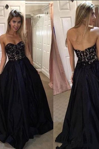 Black Sweetheart Prom Dress with Lace, A Line Strapless Long Graduation Dress N1726
