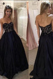 Black Sweetheart Prom Dress with Lace, A Line Strapless Long Graduation Dress N1726