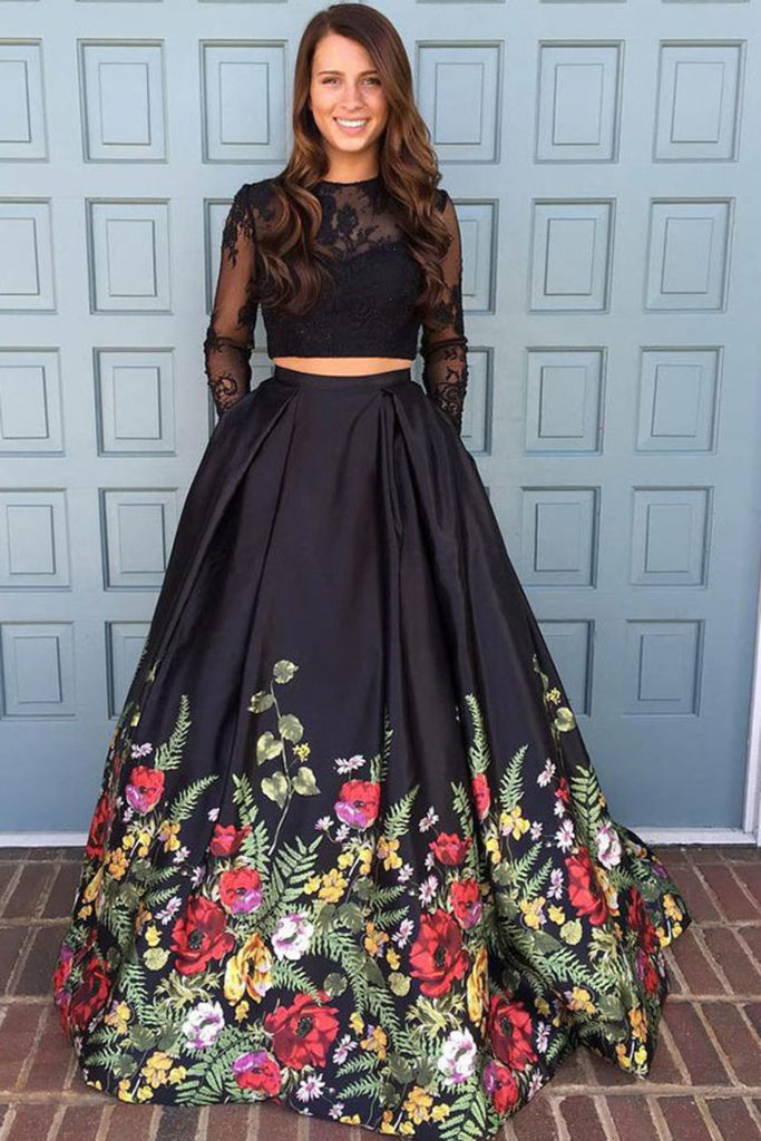Two Piece Black Long Sleeve Formal Dress with Appliques, Long Prom Dress with Lace N1400