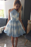 Blue Lace Appliqued Mini Homecoming Dress, A Line Sleeveless Tulle Short Prom Dress