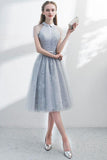 A Line Halter Short Sleeves Tulle Homecoming Dresses with Lace