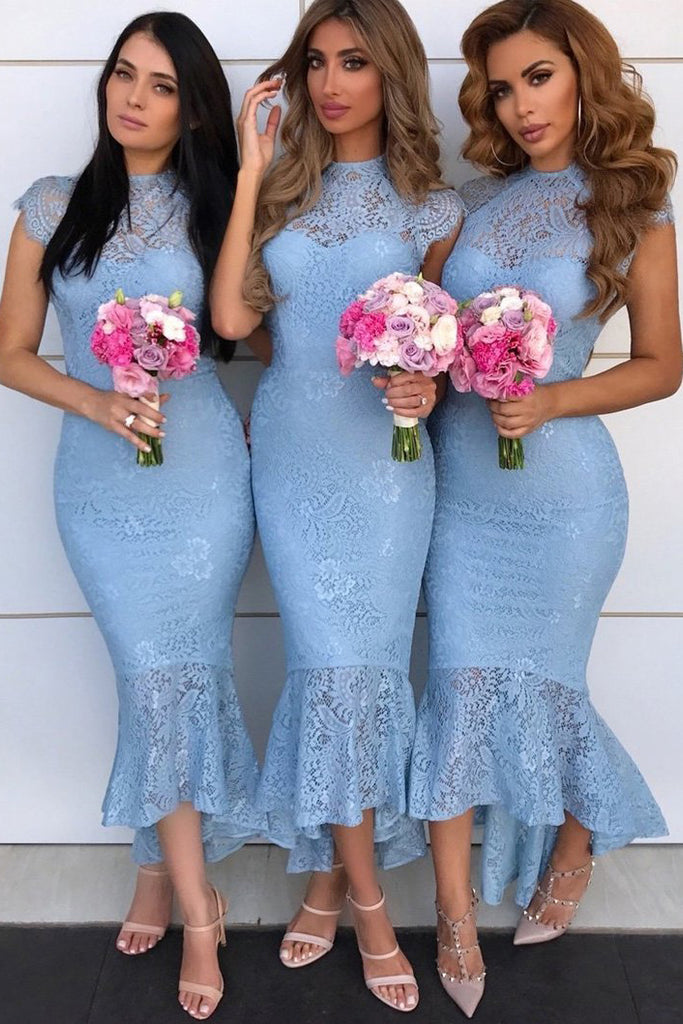Sexy Mermaid Cap Sleeves Lace Bridesmaid Dresses, Tight Lace Formal Dresses N1660