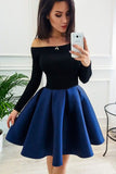 A-Line Off the Shoulder Blue and Black Short Homecoming Dresses, Short Prom Dresses N1657