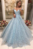 Off The Shoulder Lace Light Blue Puffy Prom Dresses Elegant Evening Dresses
