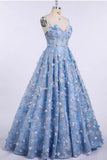 Gorgeous Blue Lace Spaghetti Strap With 3D Flower Prom Dresses