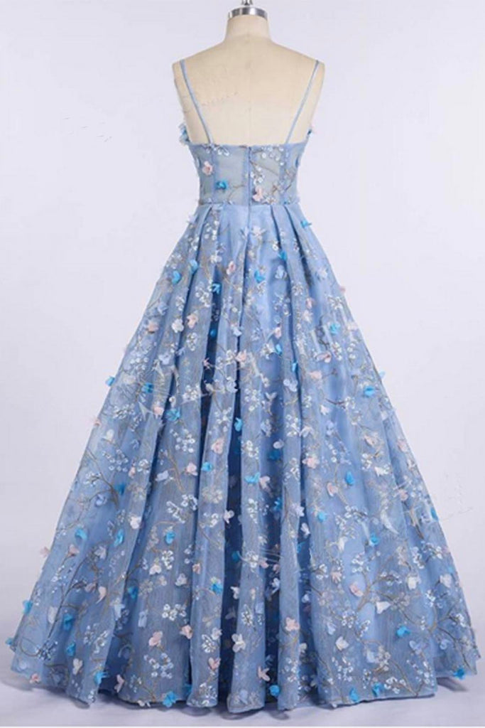 Gorgeous Blue Lace Spaghetti Strap With 3D Flower Prom Dresses