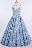 Blue Lace Spaghetti Strap 3D Flowers Applique Prom Dress, Ball Gowns N1493