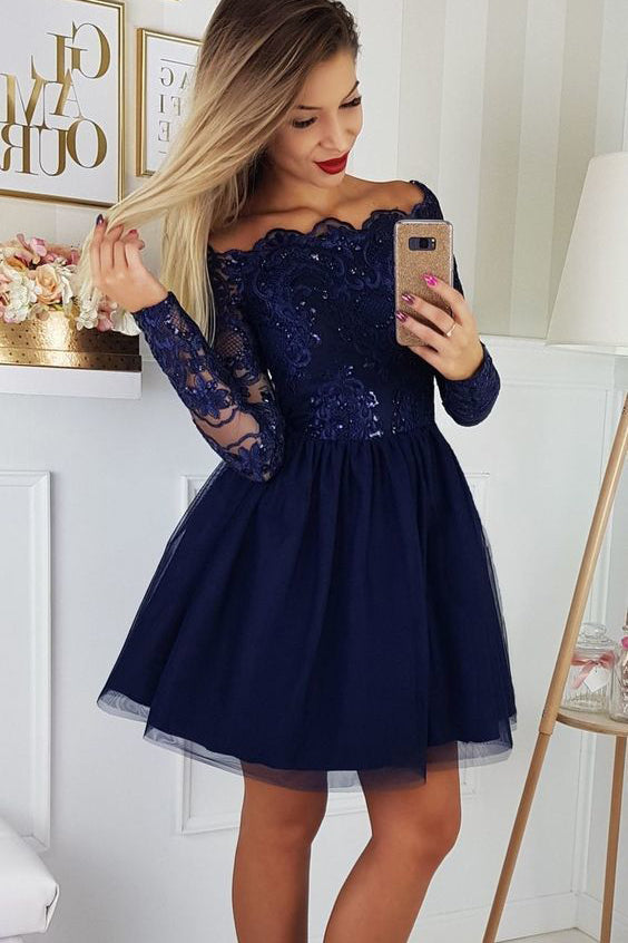 Cute Off the Shoulder Tulle Homecoming Dresses with Lace Appliques Short Prom Dresses N1843