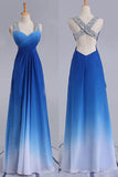 Elegant Beading Straps Cross Back Gradient Blue Ombre Prom Dress, Long Bridesmaid Dress N1603
