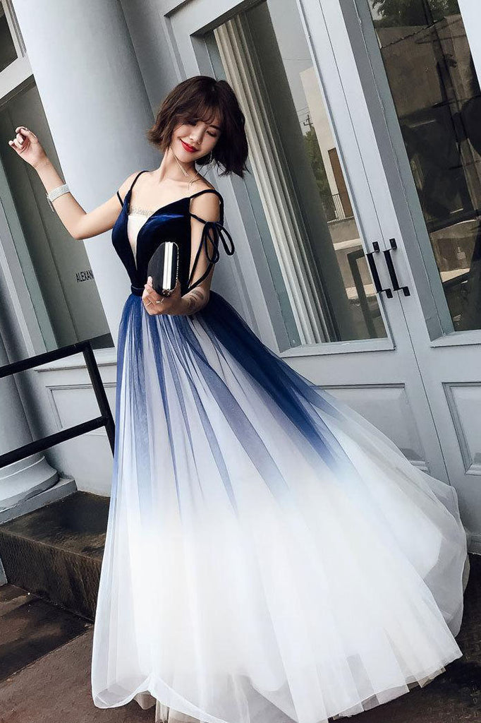Blue Ombre Long Tulle Prom Dress, Unique V Neck Sleeveless Party Dresses, Dance Dress N1599