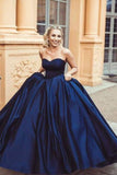 Navy Blue Ball Gown Sweetheart Prom Dress, Princess Satin Strapless Long Prom Gown N1578