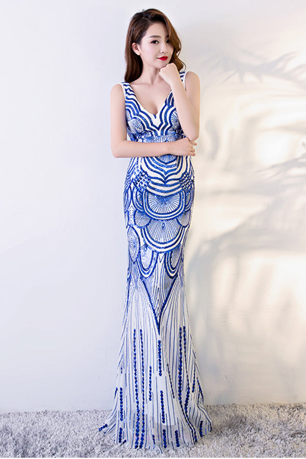 Royal Blue Mermaid Prom Dresses, V Neck Long Evening Dress with Sequins N1418